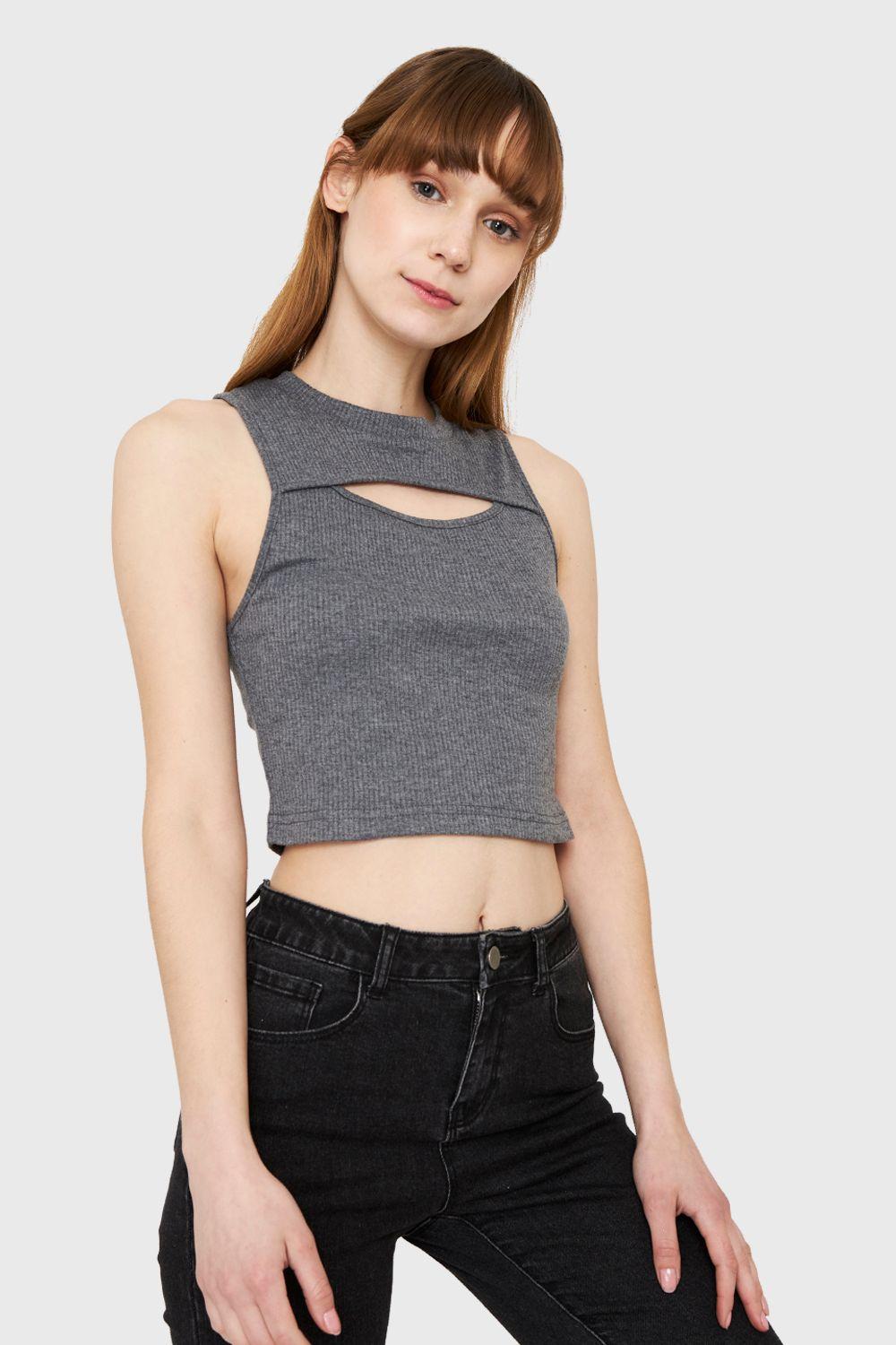 Polera Crop Top Cut Out Gris Nicopoly-0