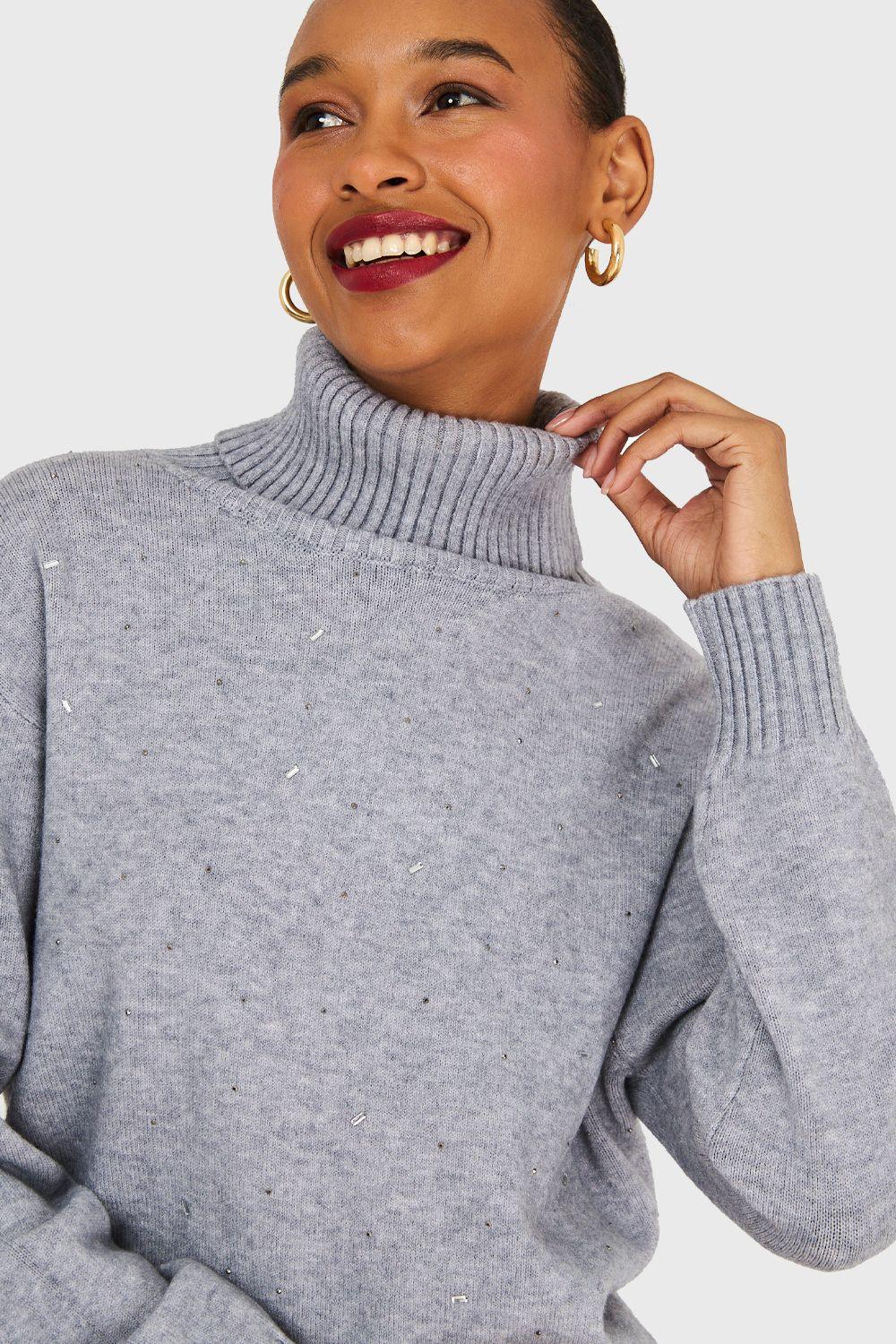 Sweater Cuello Beatle Strass Gris Nicopoly-5