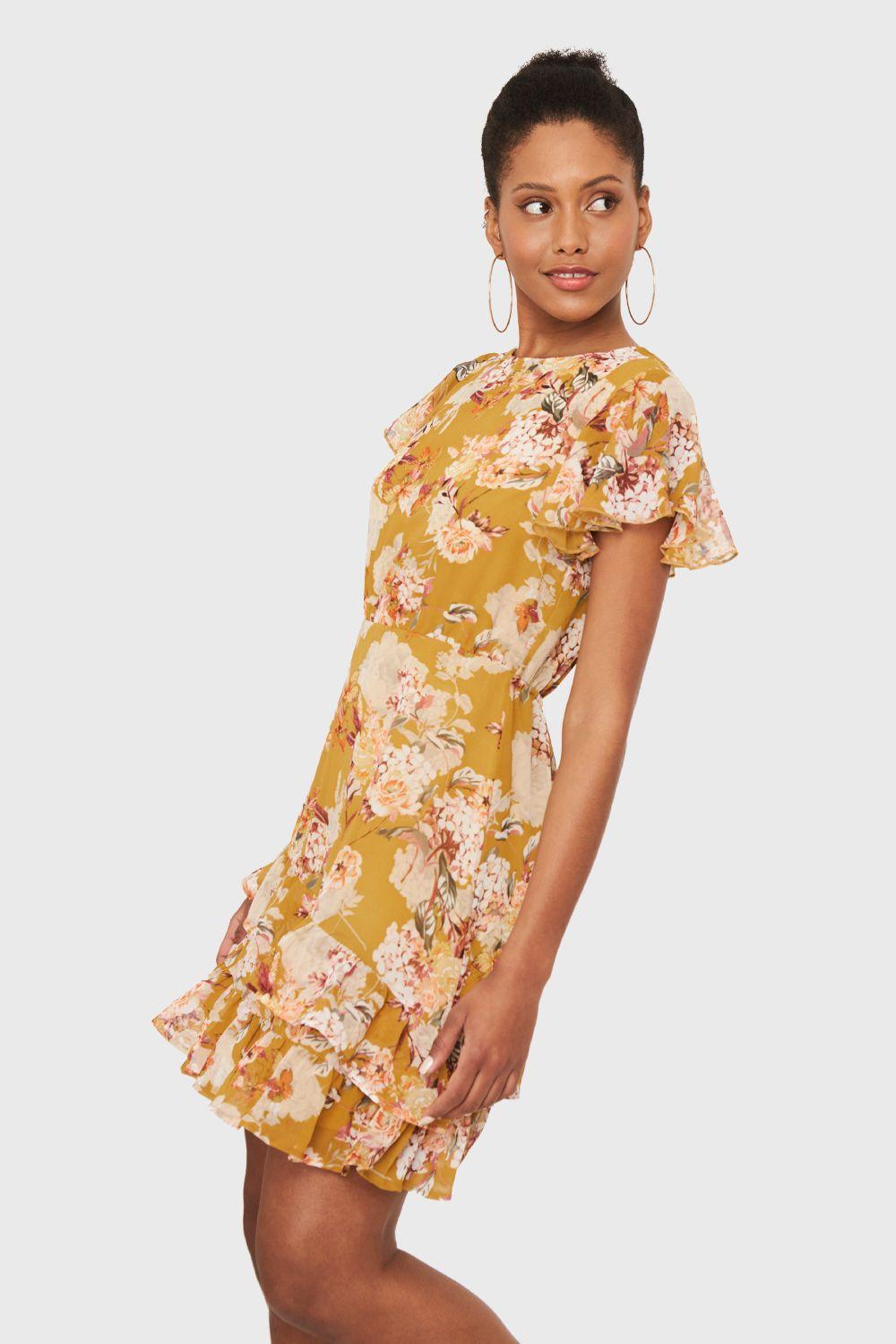 Vestido Floreado Volantes Mostaza Nicopoly-2