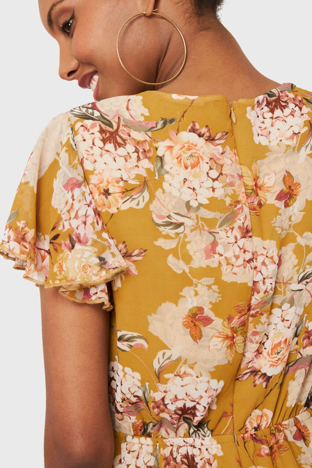 Vestido Floreado Volantes Mostaza Nicopoly-5