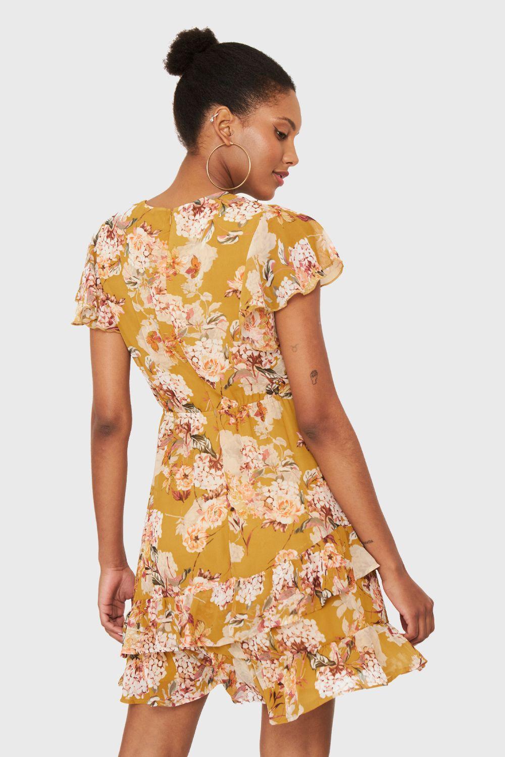 Vestido Floreado Volantes Mostaza Nicopoly-3
