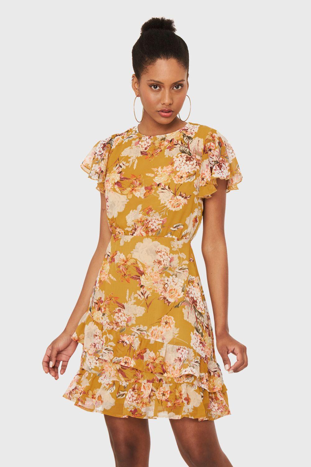 Vestido Floreado Volantes Mostaza Nicopoly-4