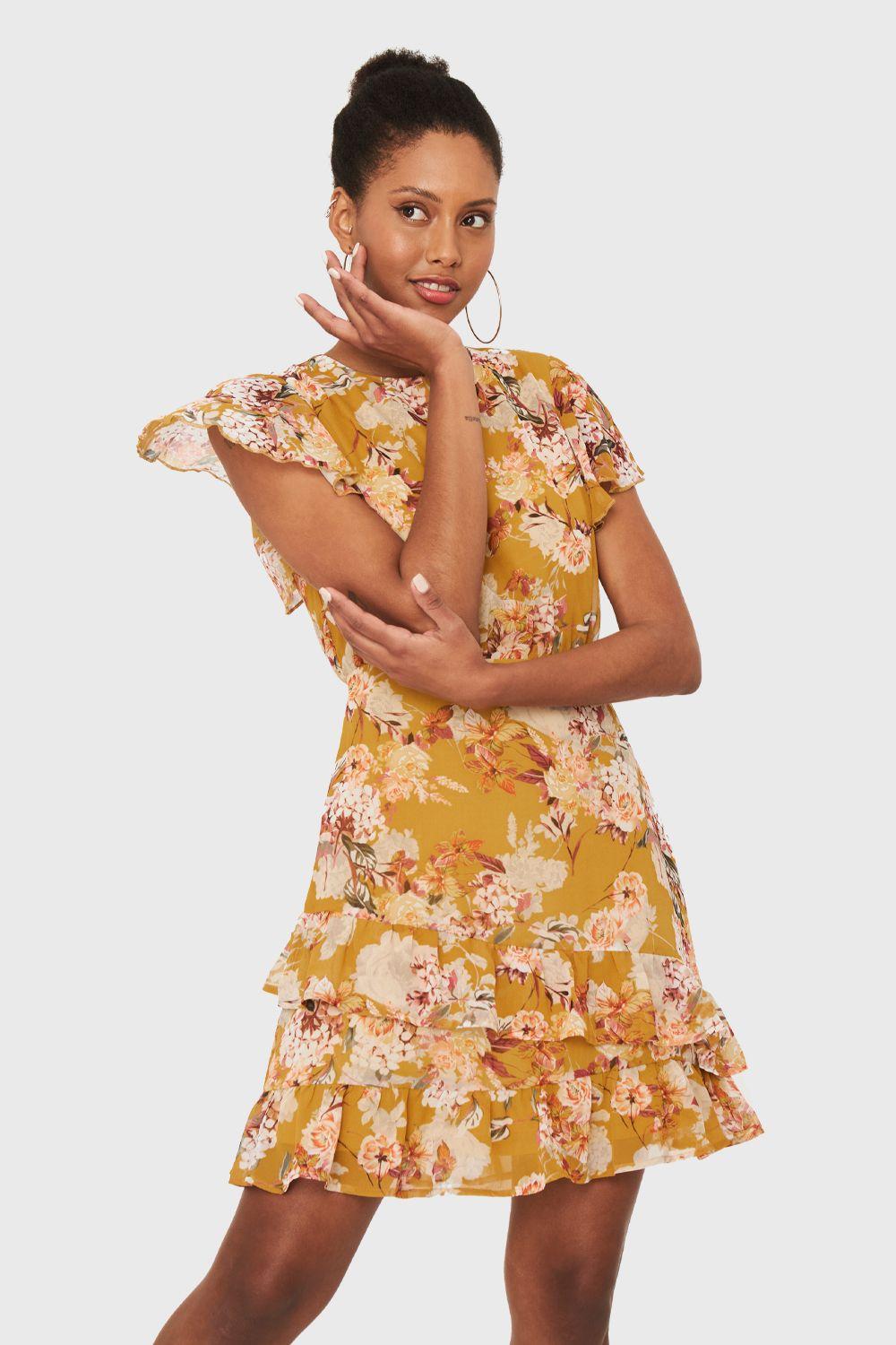 Vestido Floreado Volantes Mostaza Nicopoly-0