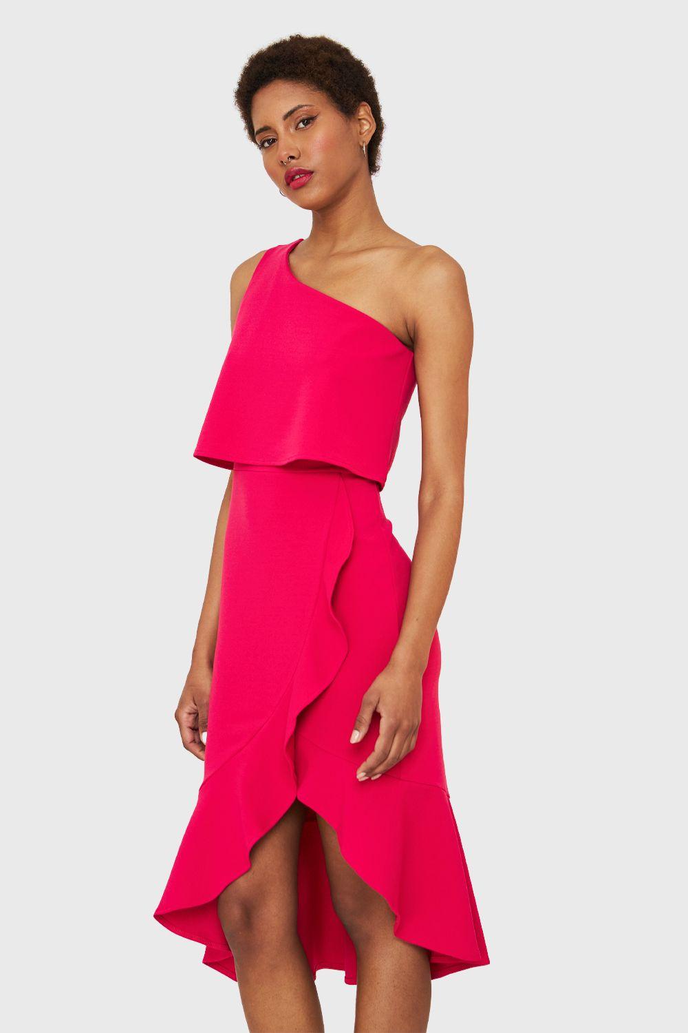 Vestido Un Hombro Asimétrico Fucsia Nicopoly-2