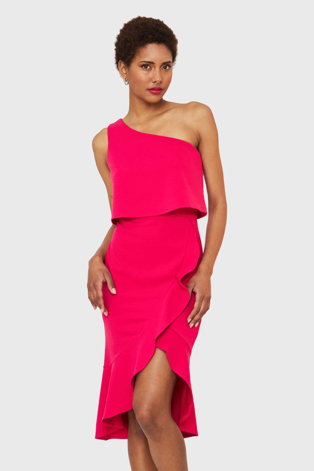 Vestido Un Hombro Asimétrico Fucsia Nicopoly-0