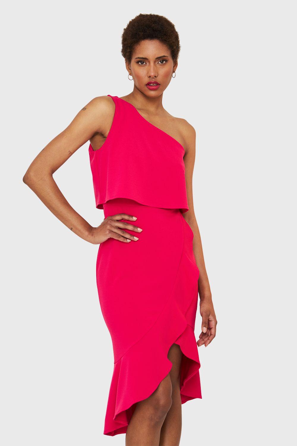 Vestido Un Hombro Asimétrico Fucsia Nicopoly-4