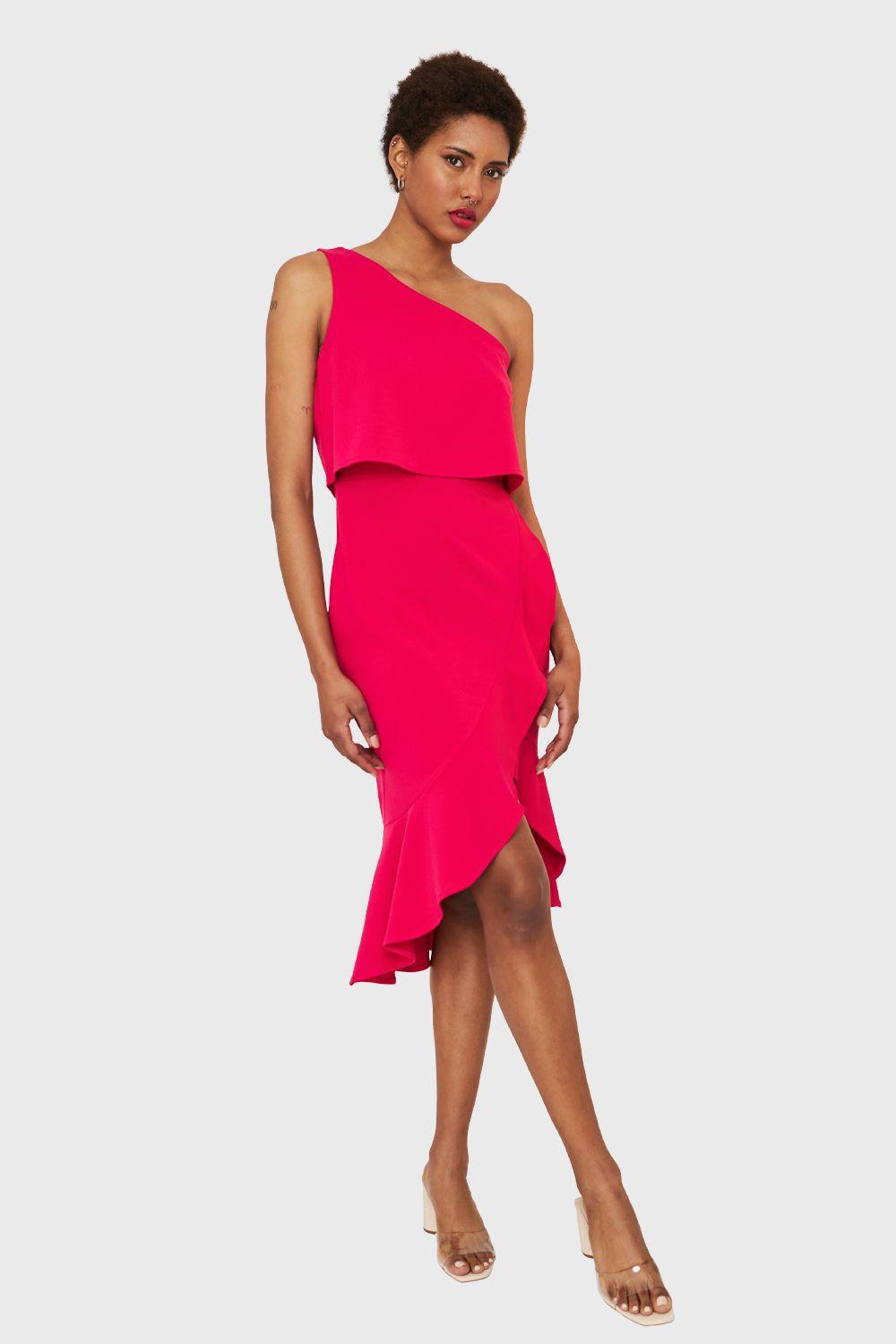 Vestido Un Hombro Asimétrico Fucsia Nicopoly-1