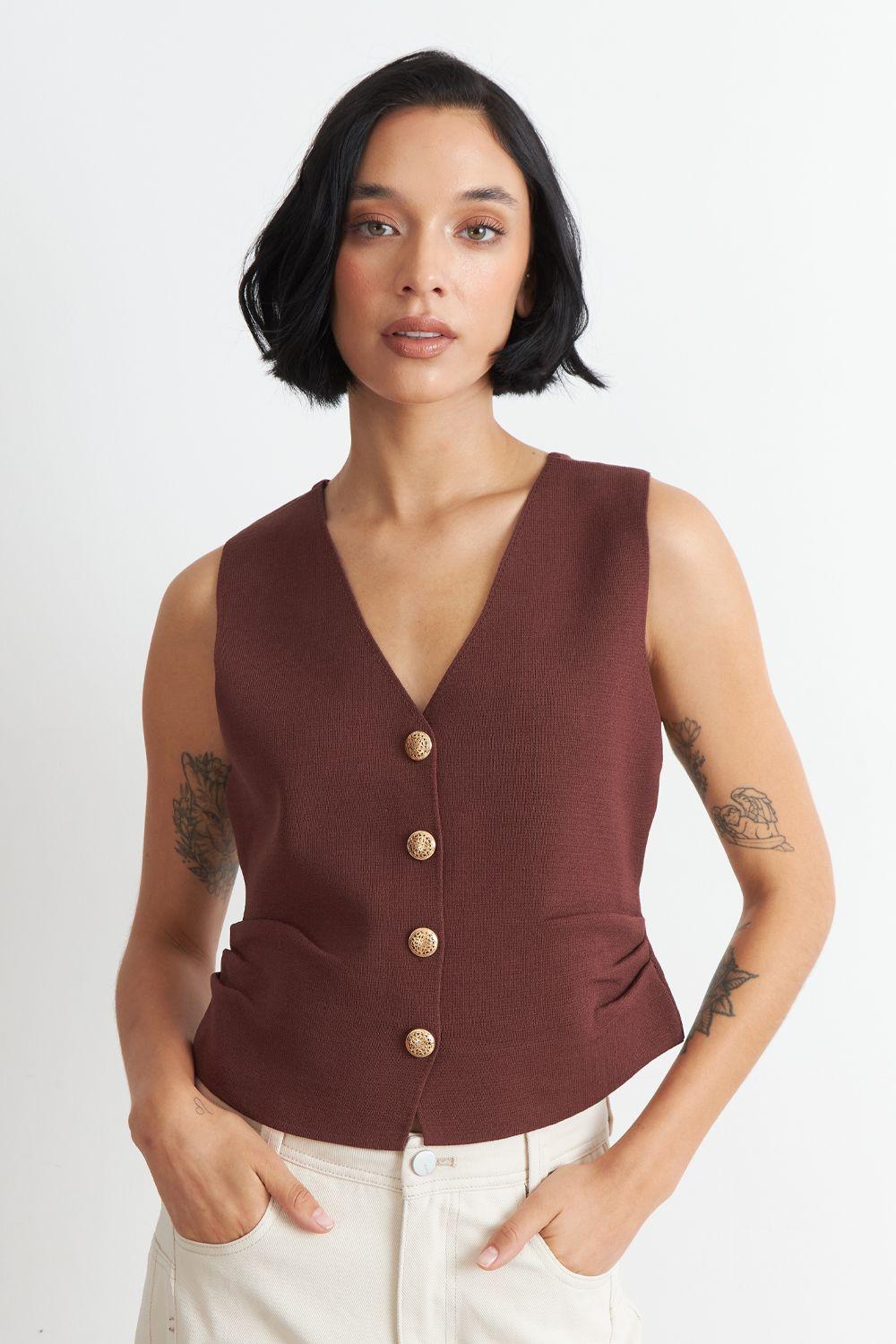 Gilet con Drapeado Lateral Café Nicopoly-0