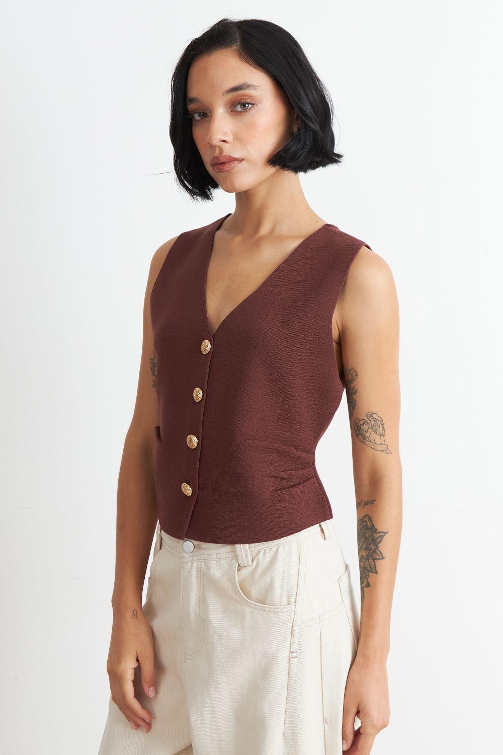 Gilet con Drapeado Lateral Café Nicopoly-2