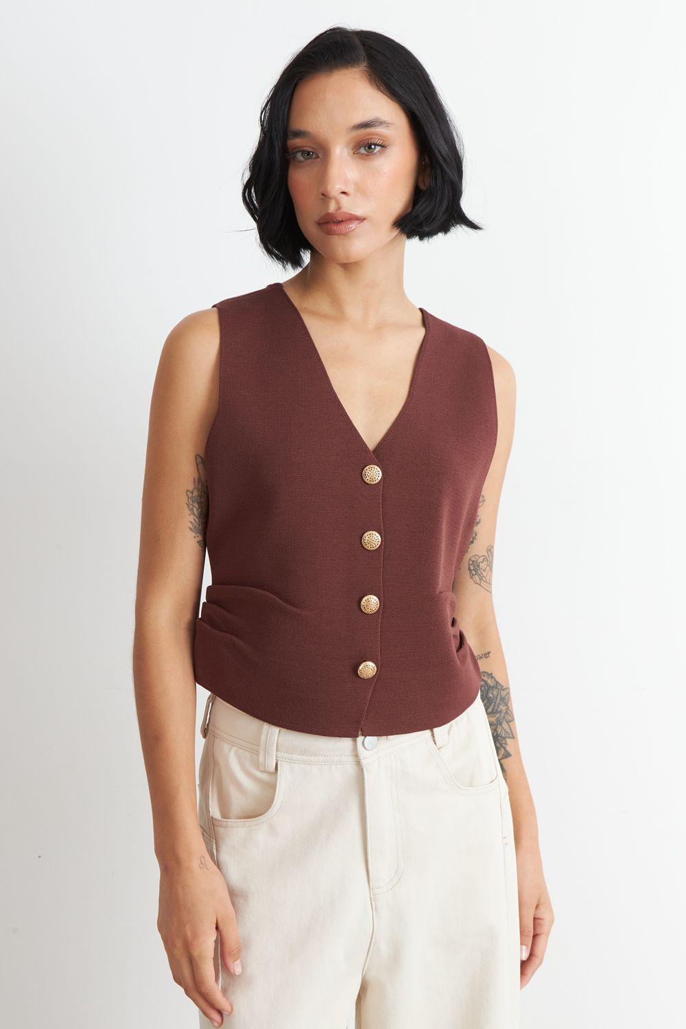 Gilet con Drapeado Lateral Café Nicopoly-4