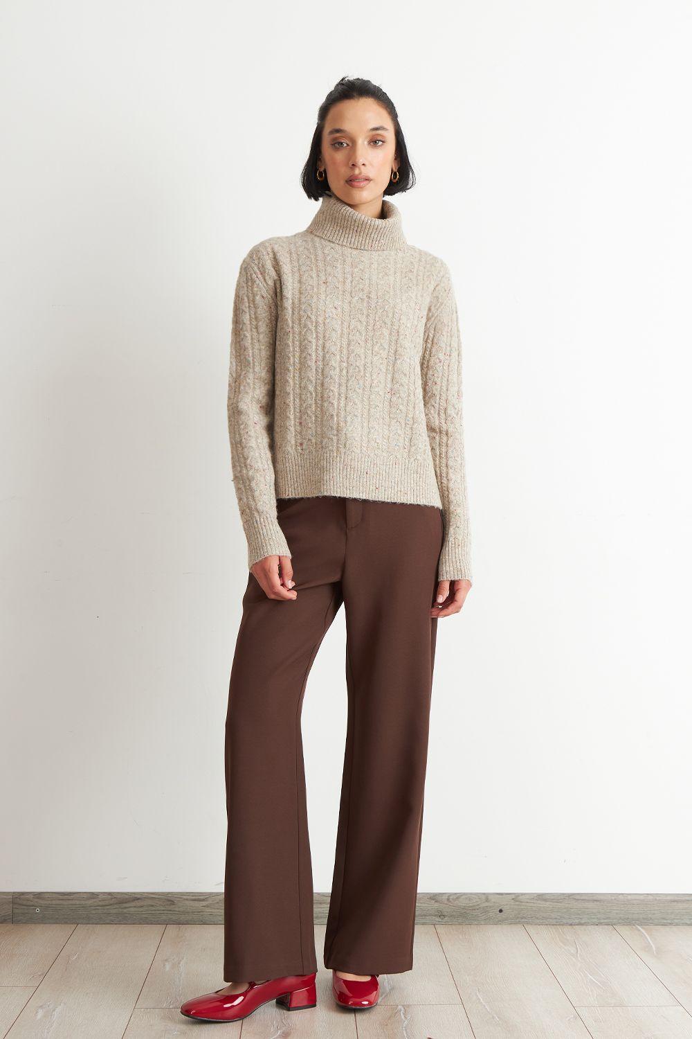 Sweater Trenzado Cuello Alto Camel Nicopoly-1