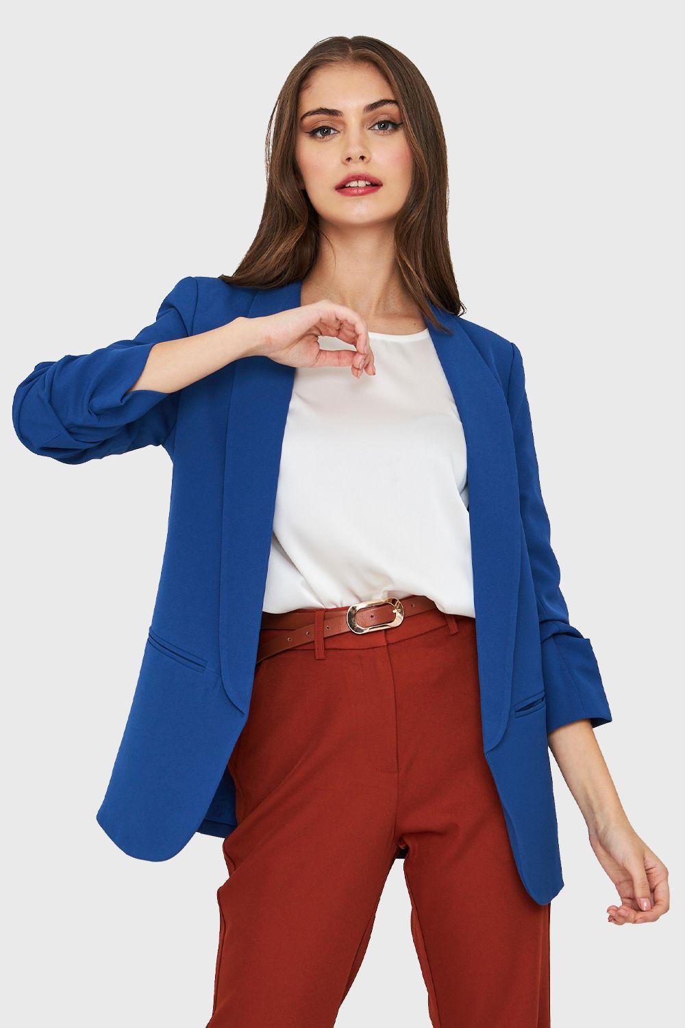 Blazer Manga 3/4 Con Pliegues Azul Rey Nicopoly-0