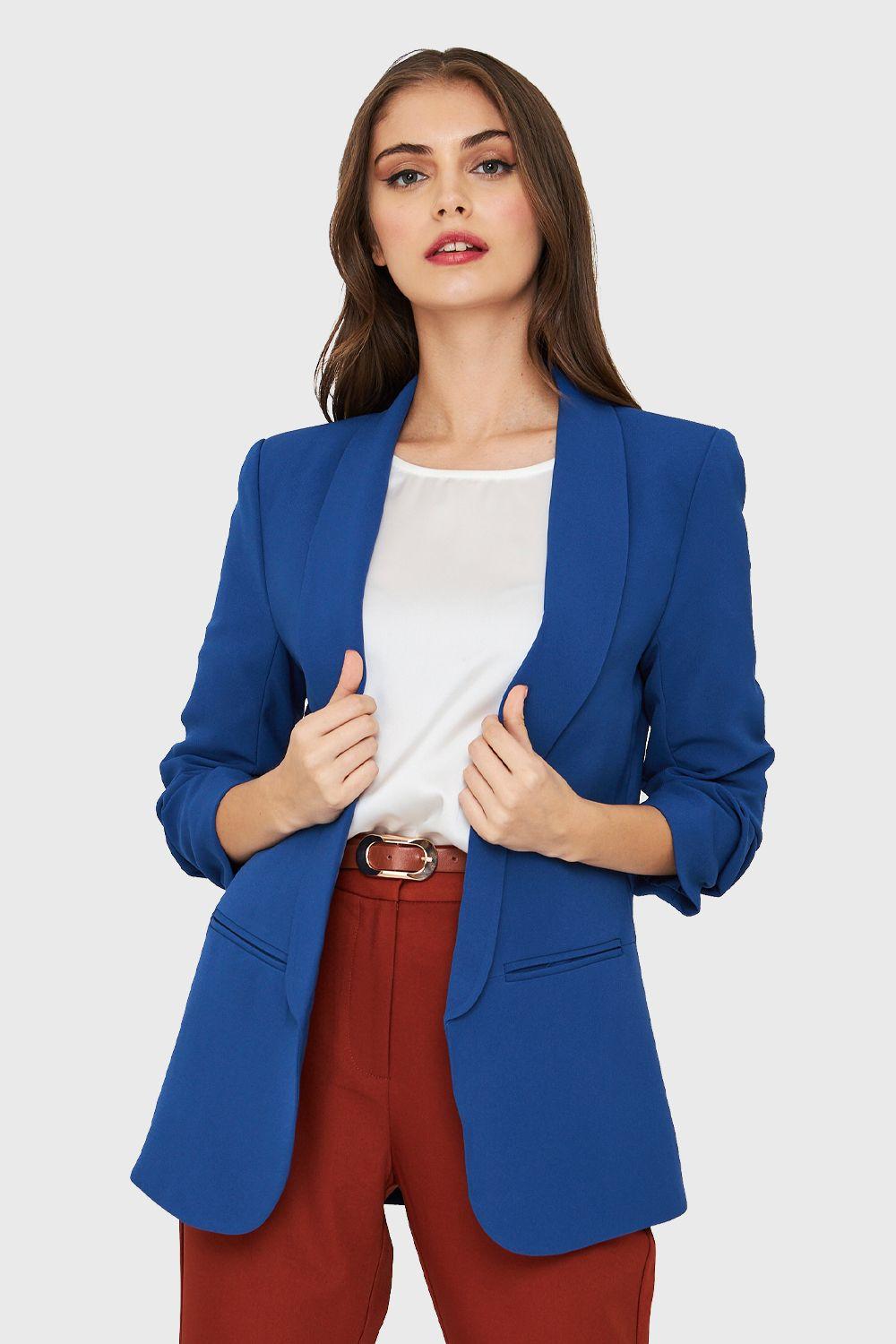 Blazer Manga 3/4 Con Pliegues Azul Rey Nicopoly-4
