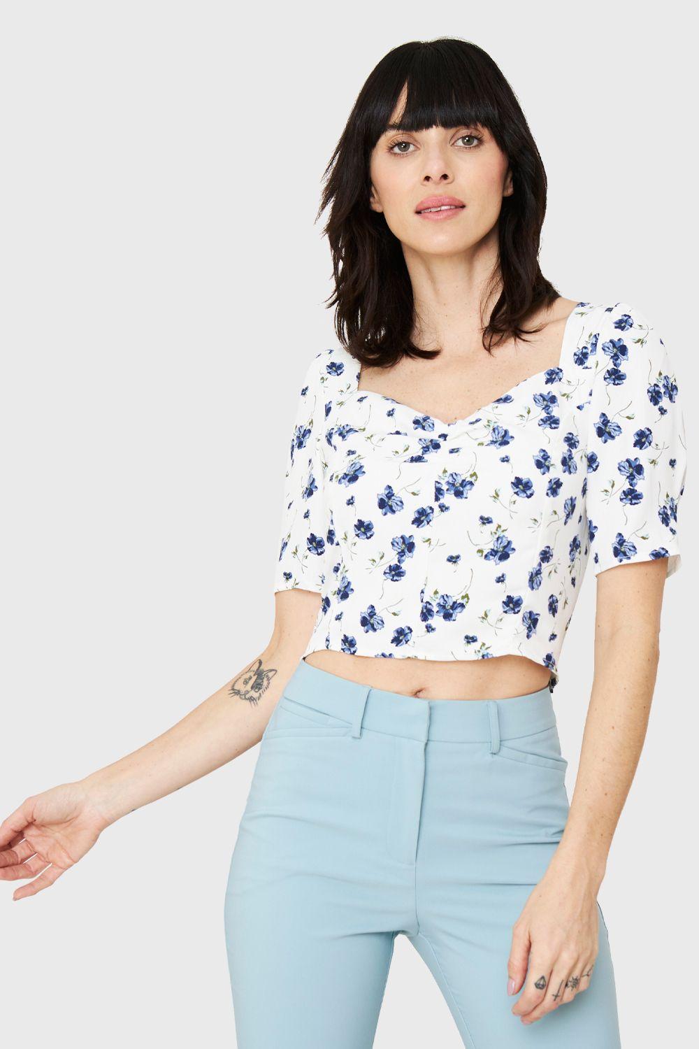 Blusa Crop Floral Lazos Blanco Nicopoly-4