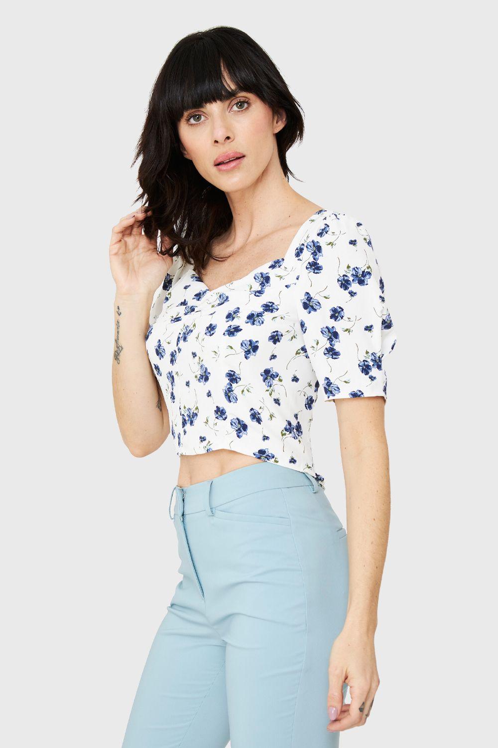 Blusa Crop Floral Lazos Blanco Nicopoly-2