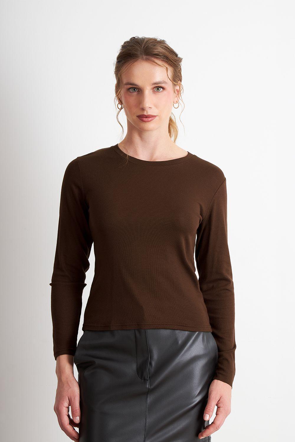 Polera Manga Larga Cuello Redondo Café Nicopoly-0