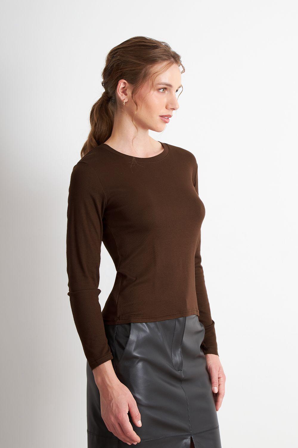 Polera Manga Larga Cuello Redondo Café Nicopoly-2