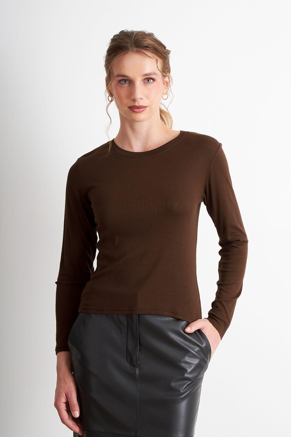 Polera Manga Larga Cuello Redondo Café Nicopoly-4