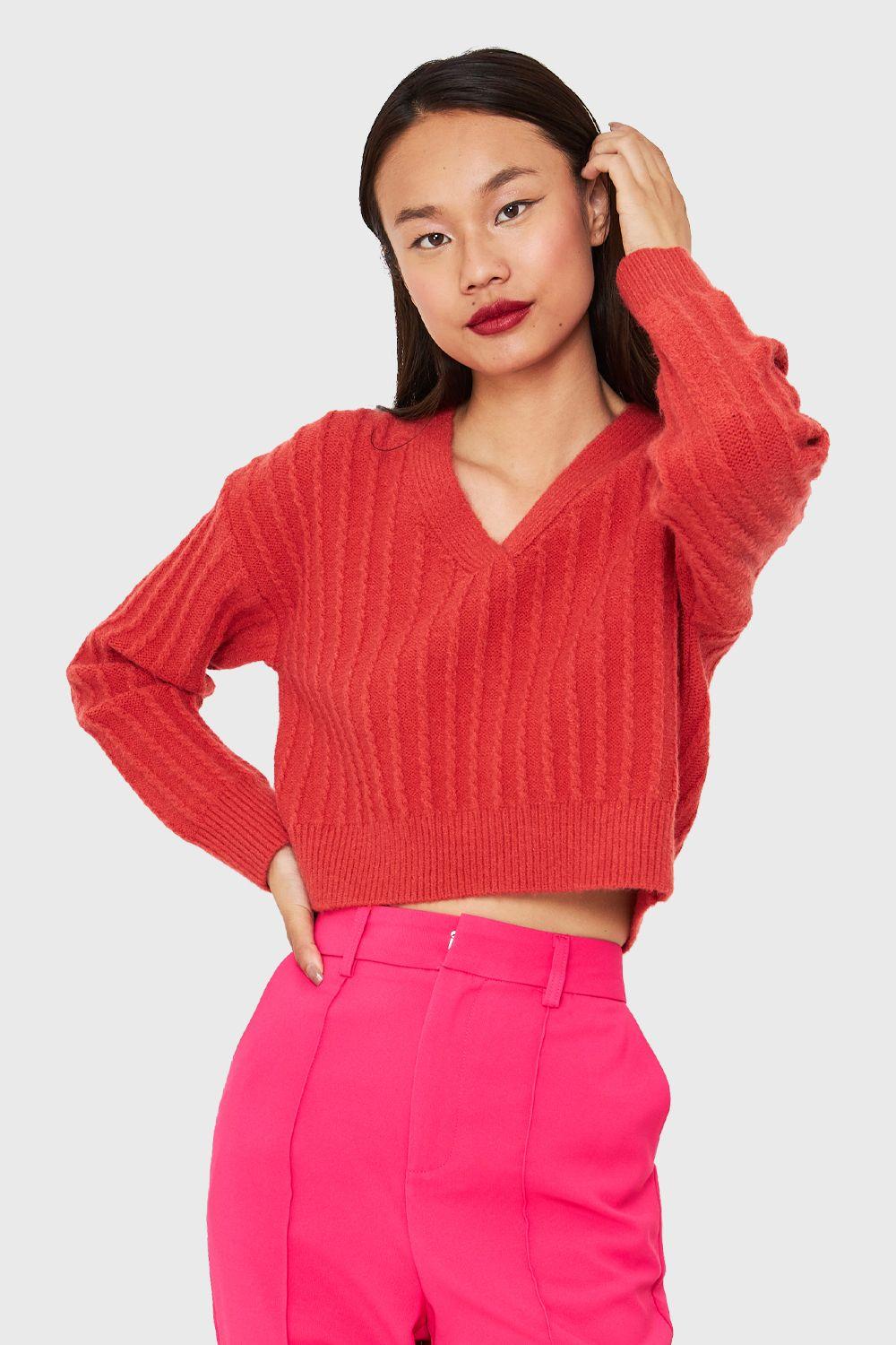 Sweater Crop Cuello V Naranjo Nicopoly-4