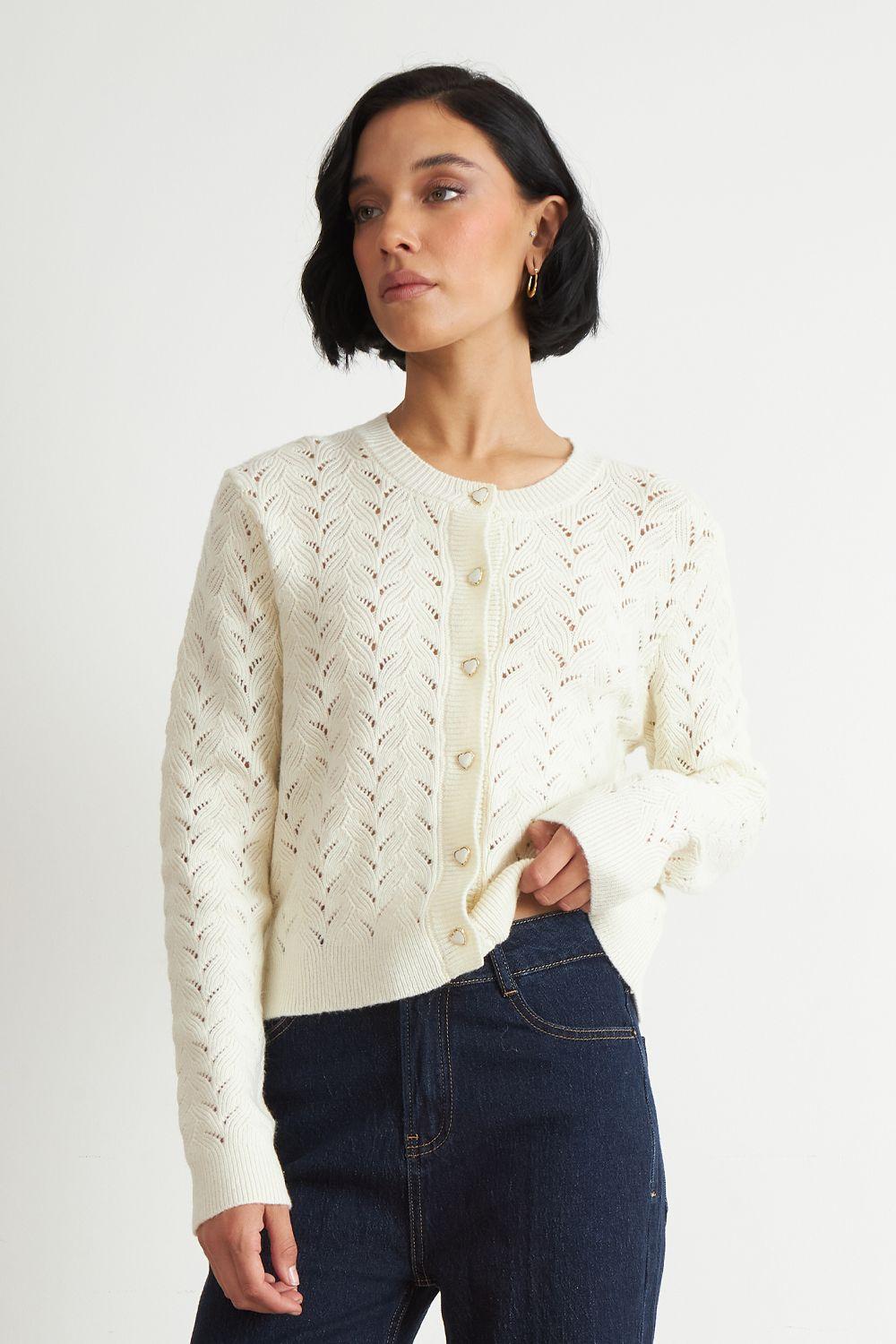 Cárdigan Calado Cuello Redondo Blanco Nicopoly-0