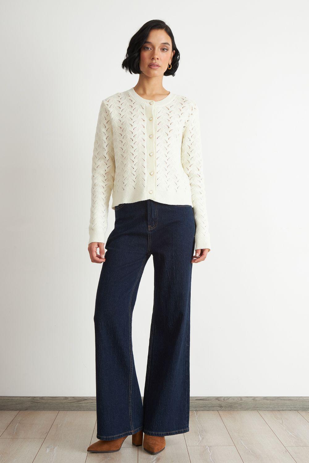 Cárdigan Calado Cuello Redondo Blanco Nicopoly-1