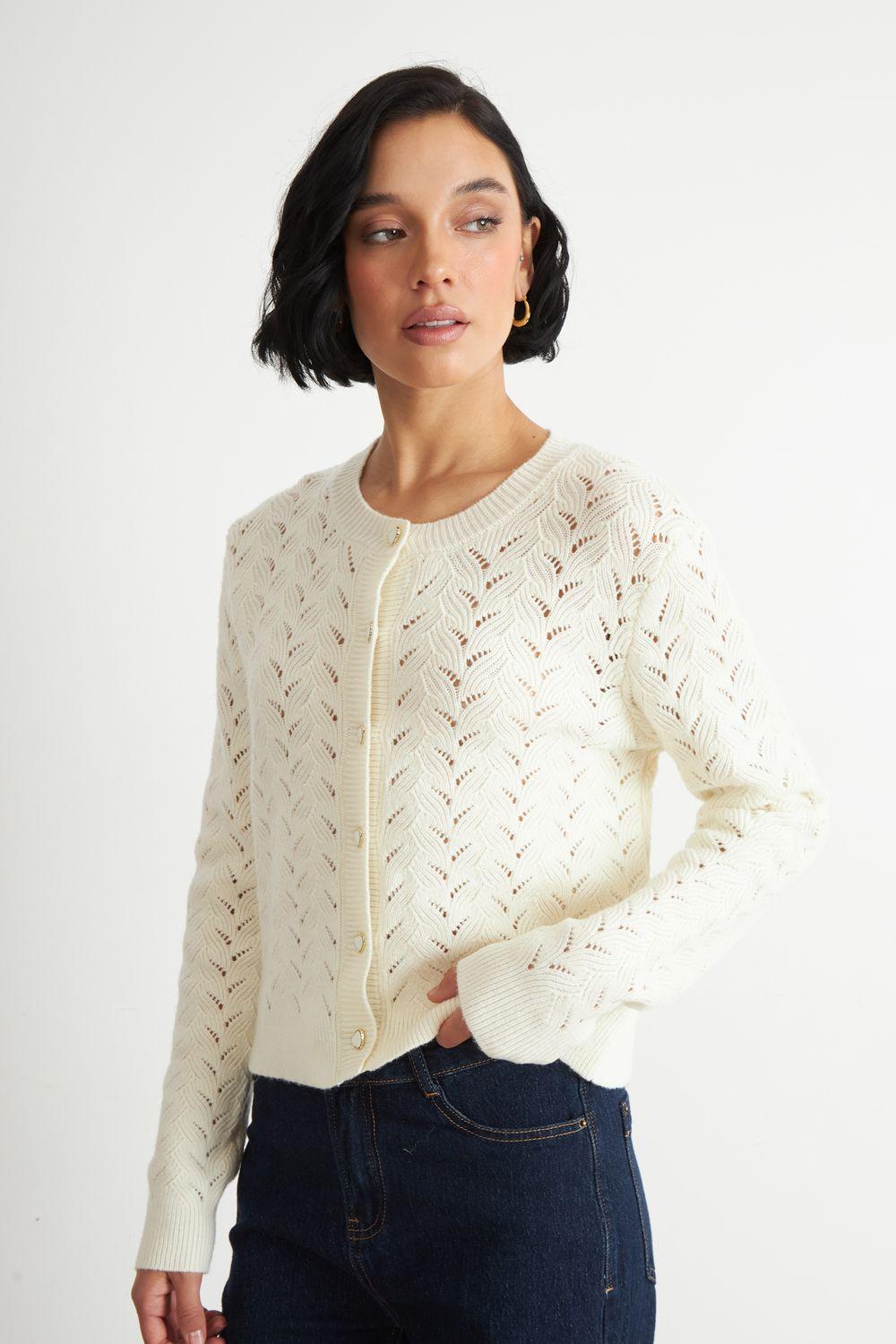 Cárdigan Calado Cuello Redondo Blanco Nicopoly-2