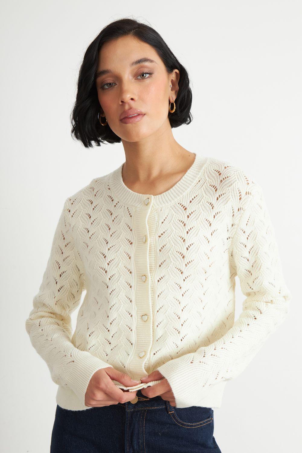 Cárdigan Calado Cuello Redondo Blanco Nicopoly-4