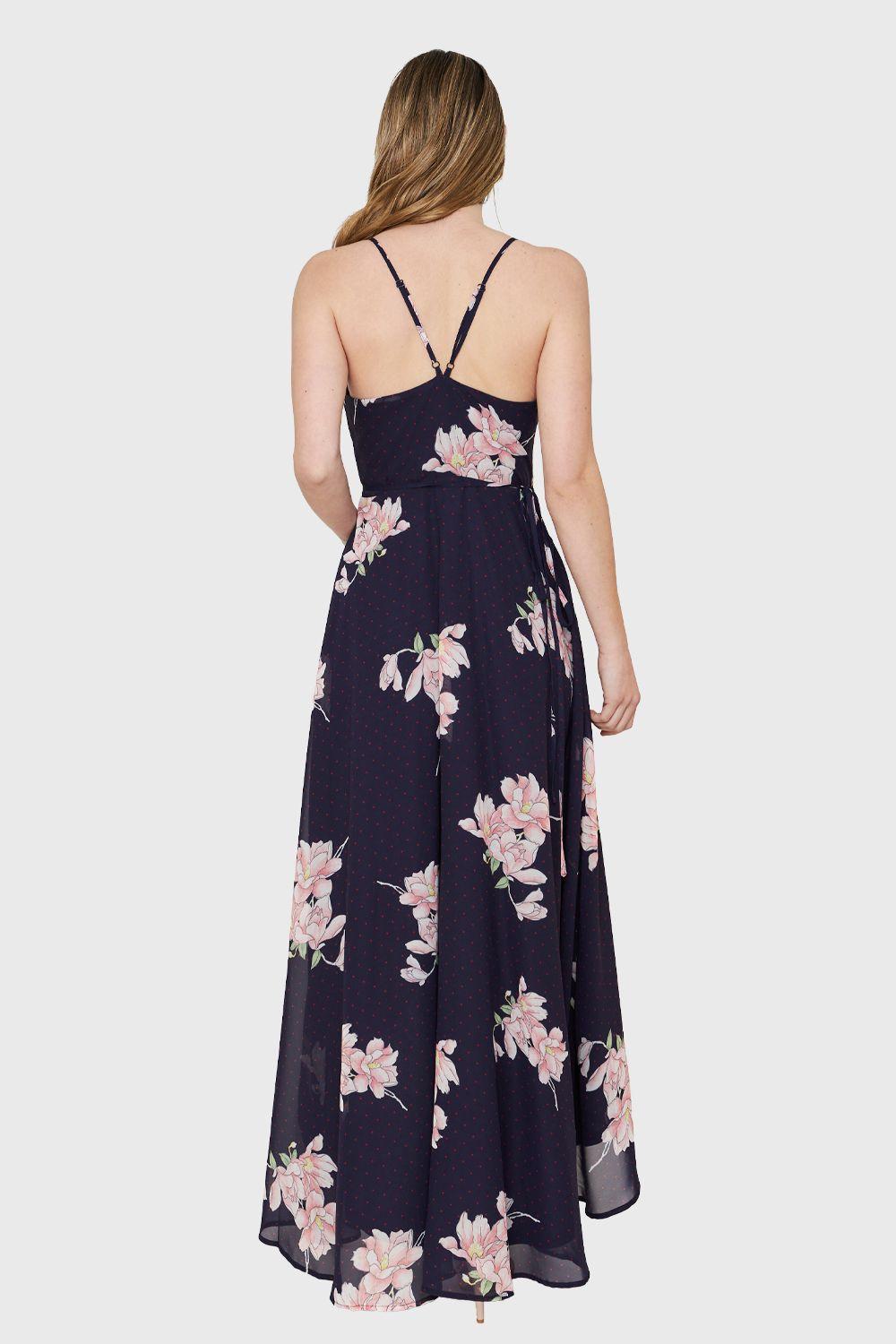 Vestido Largo Floral Envolvente Azul Marino Nicopoly-3