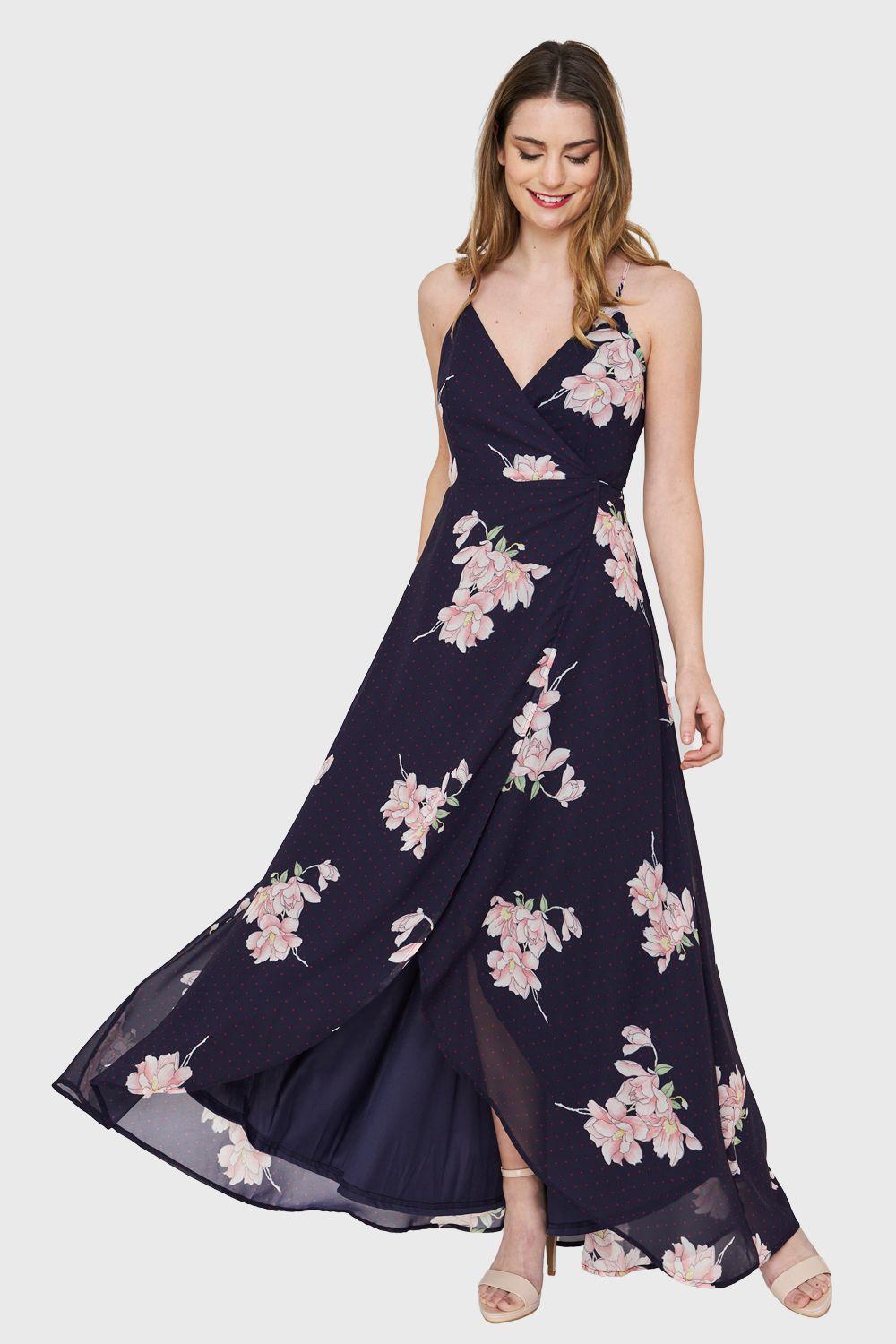 Vestido Largo Floral Envolvente Azul Marino Nicopoly-0