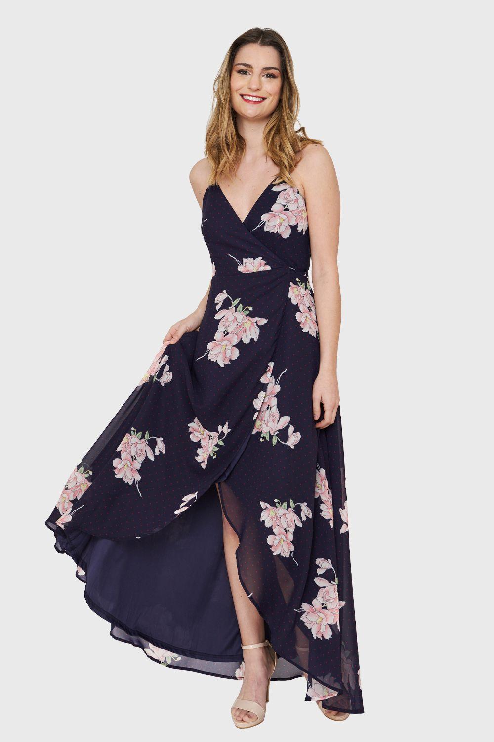 Vestido Largo Floral Envolvente Azul Marino Nicopoly-4