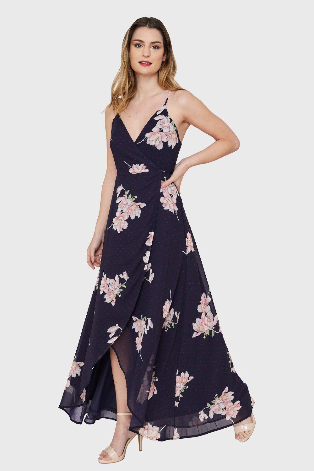 Vestido Largo Floral Envolvente Azul Marino Nicopoly-2