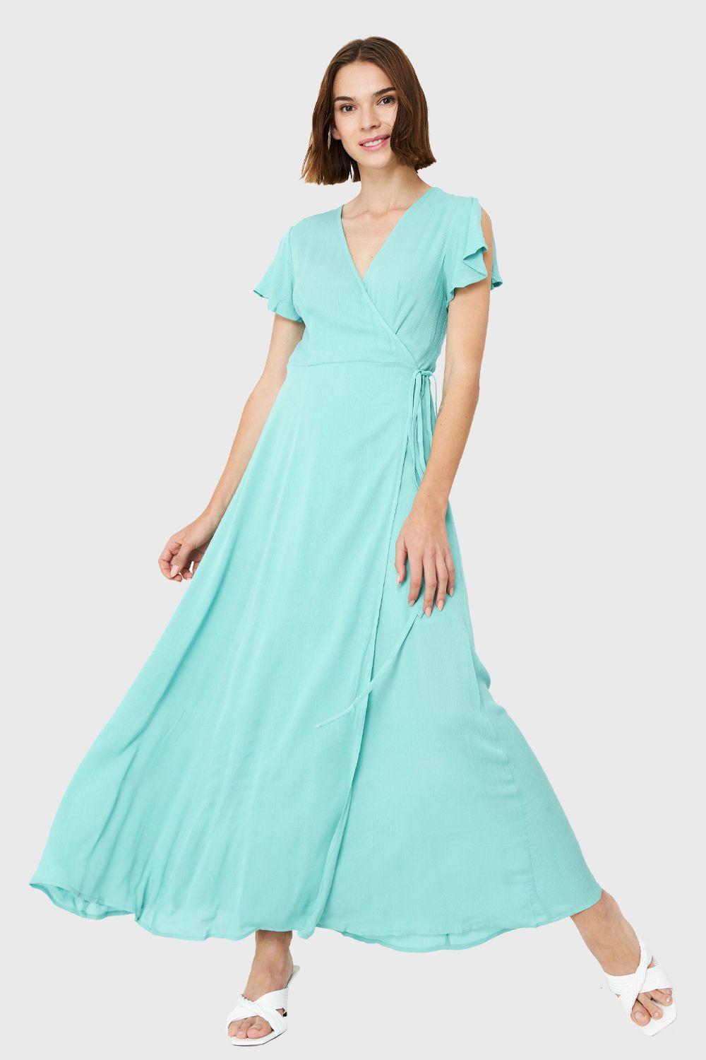 Vestido Largo Envolvente Turquesa Nicopoly-0