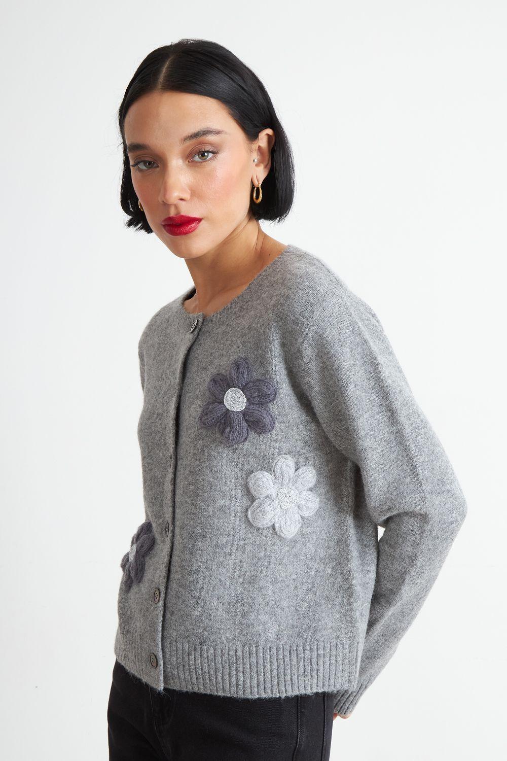 Cárdigan Flores Tejidas Gris Nicopoly-2