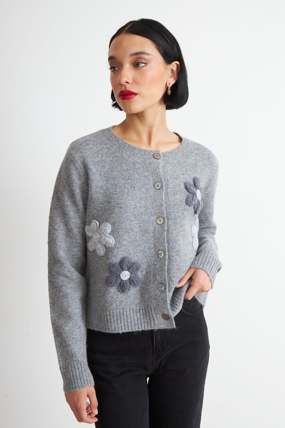 Cárdigan Flores Tejidas Gris Nicopoly-4