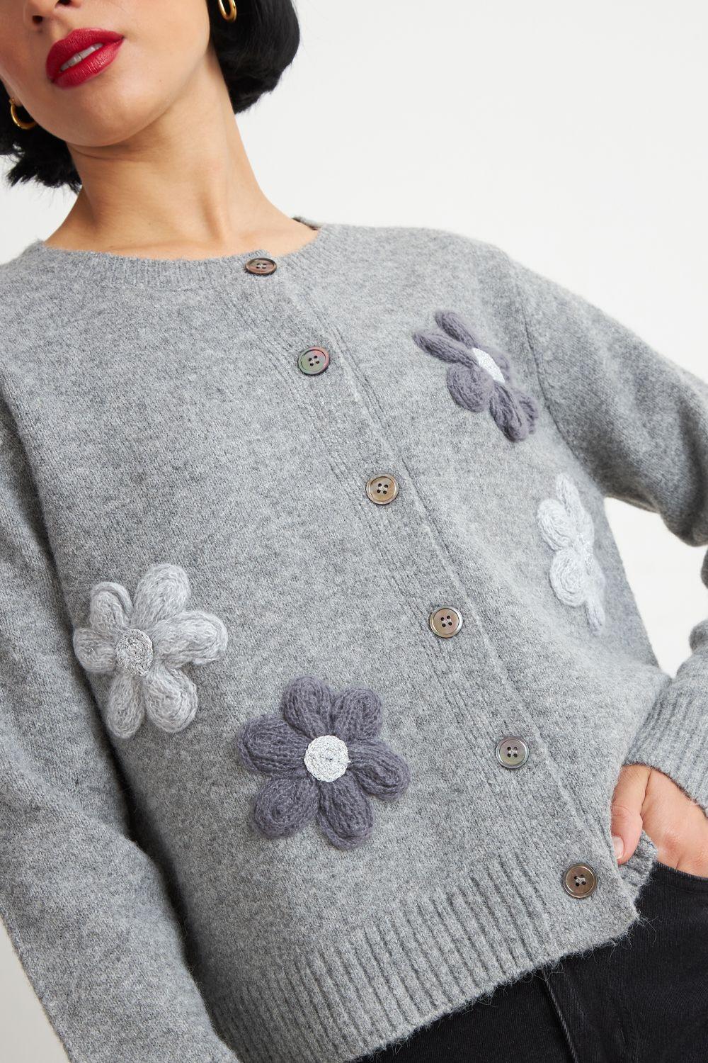 Cárdigan Flores Tejidas Gris Nicopoly-5