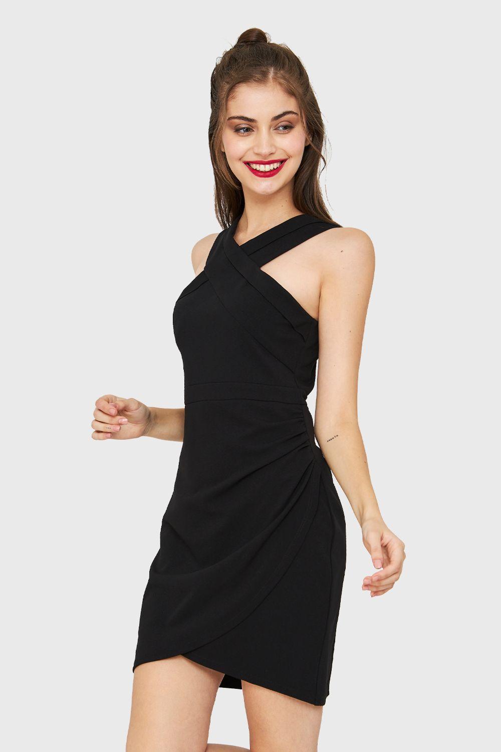 Vestido Tulipán Escote Cruzado Negro Nicopoly-2