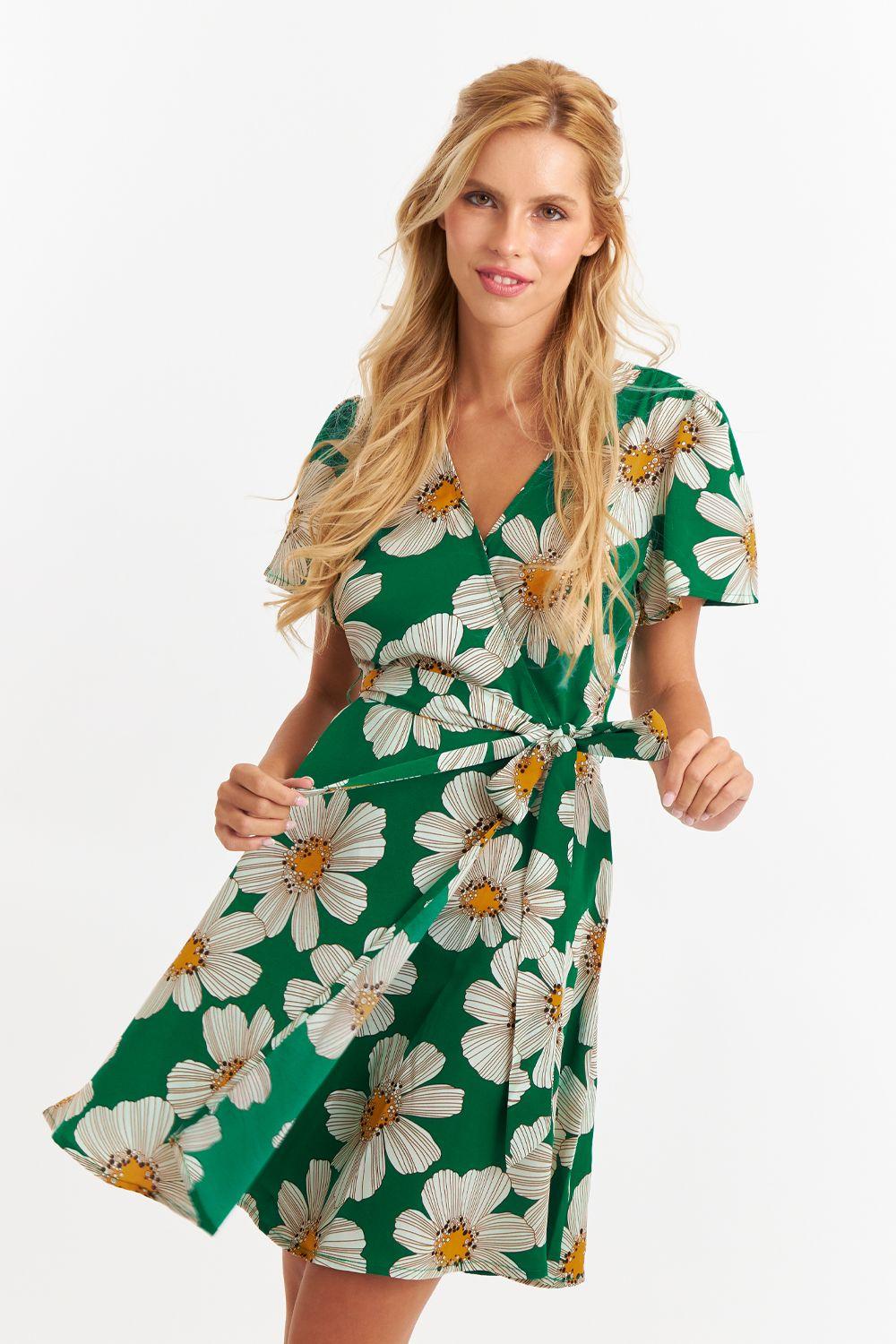 Vestido Escote Cruzado Flores Verde Nicoply-0