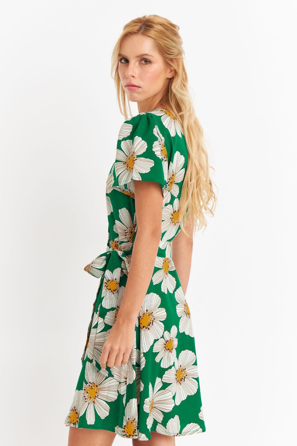 Vestido Escote Cruzado Flores Verde Nicoply-2