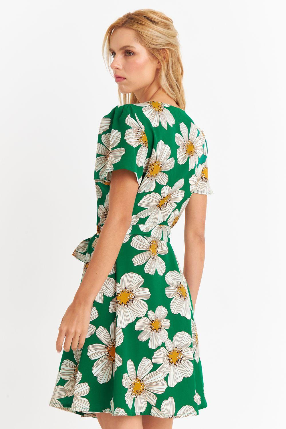 Vestido Escote Cruzado Flores Verde Nicoply-3