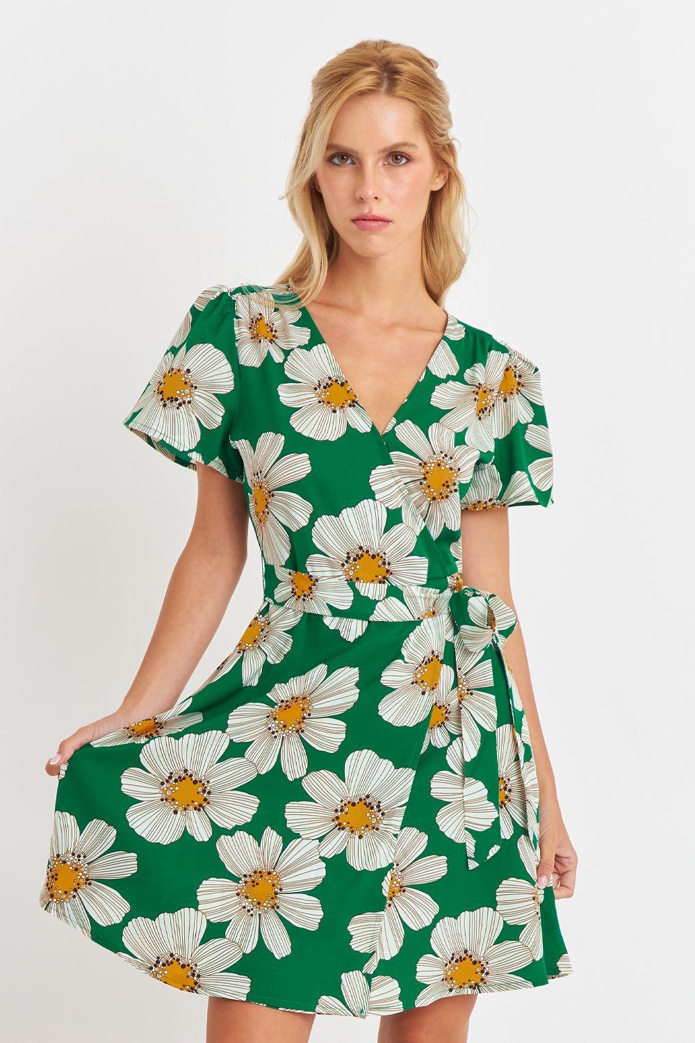 Vestido Escote Cruzado Flores Verde Nicoply-4