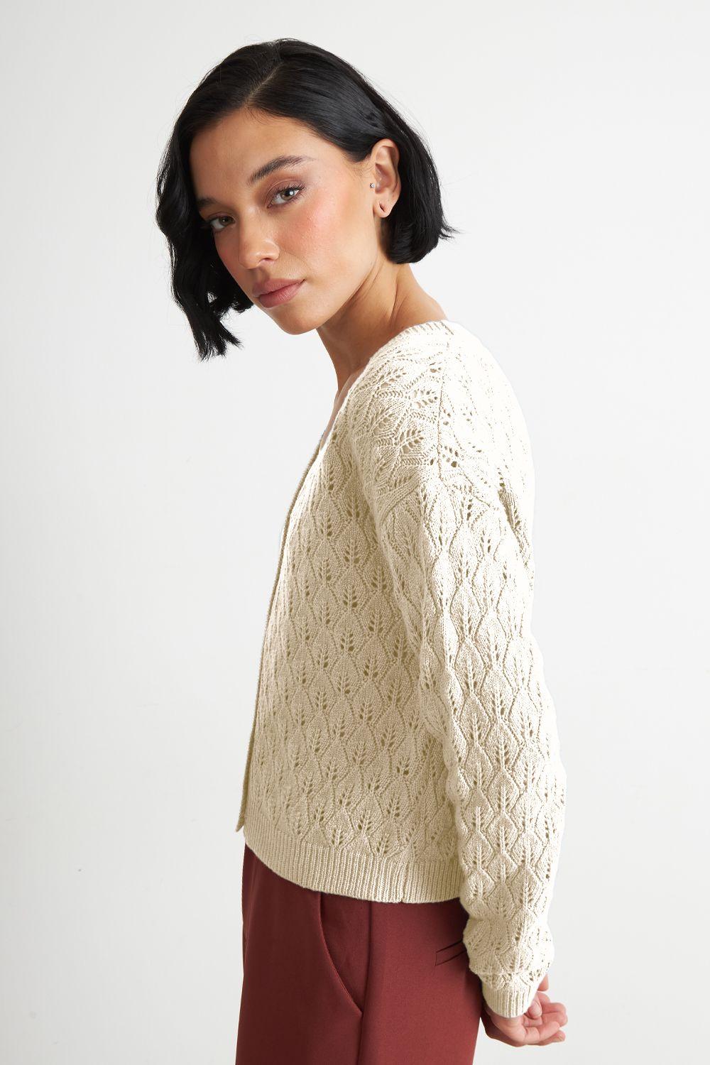 Cárdigan Tejido Calado Cuello V Blanco Nicopoly-2