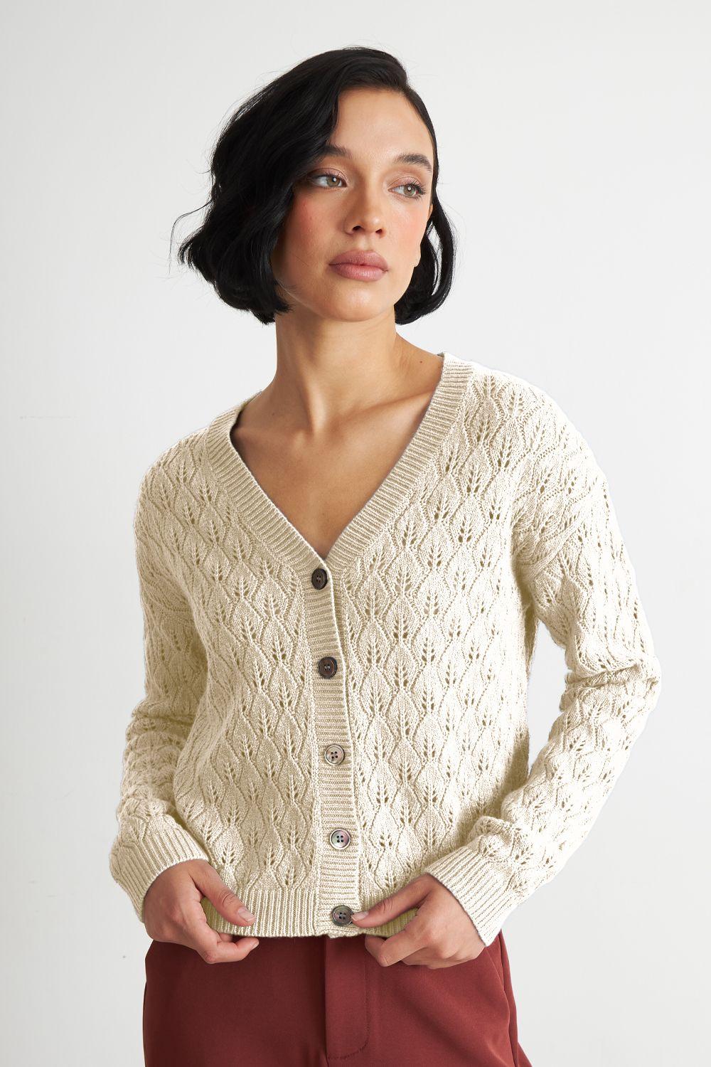 Cárdigan Tejido Calado Cuello V Blanco Nicopoly-4