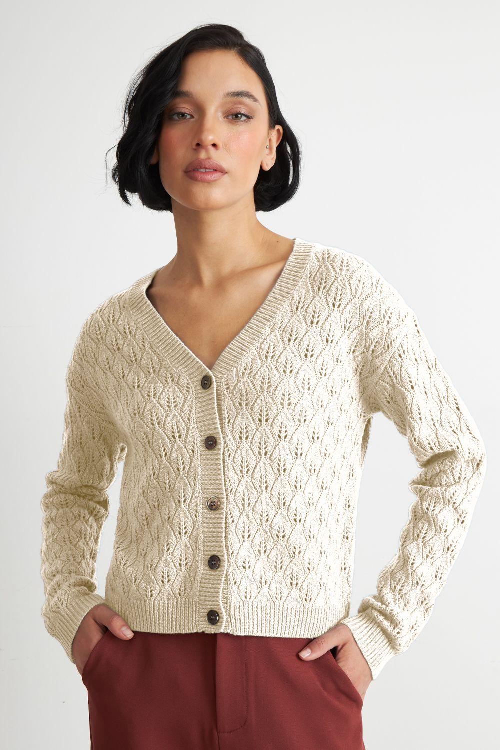 Cárdigan Tejido Calado Cuello V Blanco Nicopoly-0