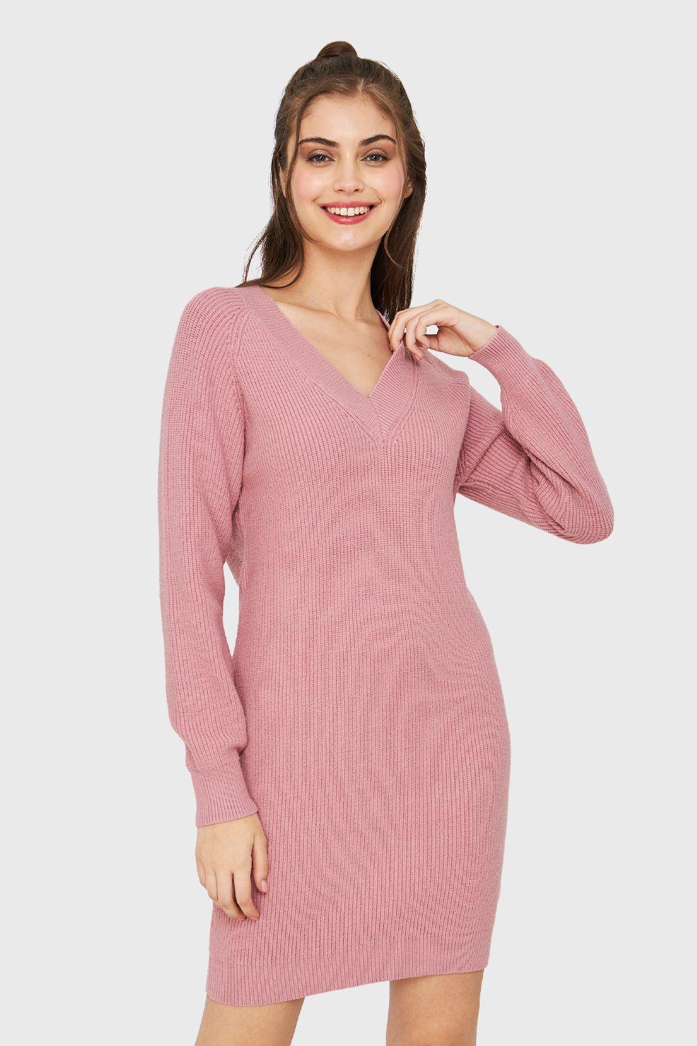 Sweater Vestido Cuello V Rosado Nicopoly-0