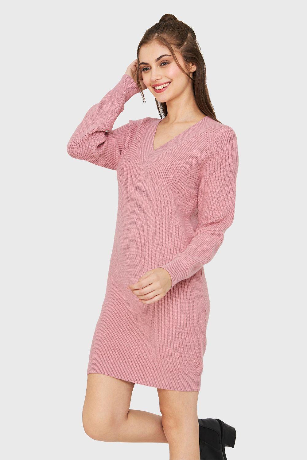 Sweater Vestido Cuello V Rosado Nicopoly-2