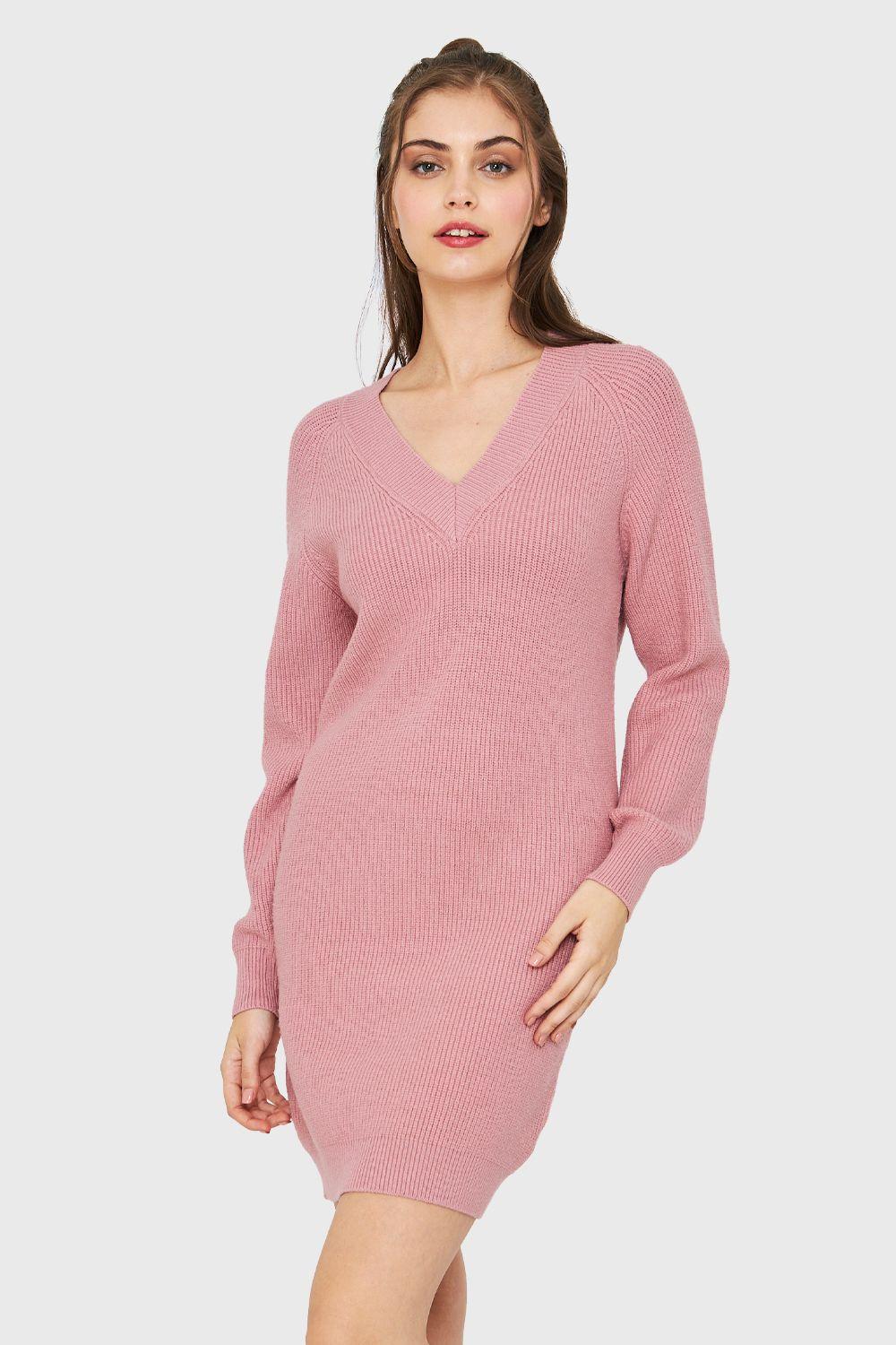Sweater Vestido Cuello V Rosado Nicopoly-4