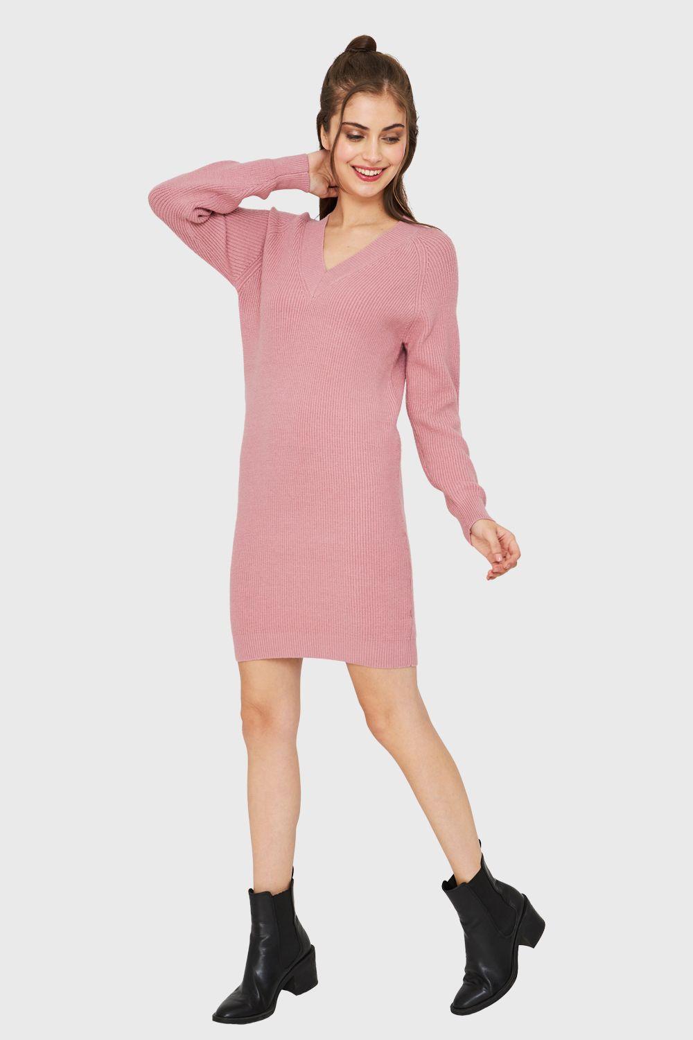 Sweater Vestido Cuello V Rosado Nicopoly-1
