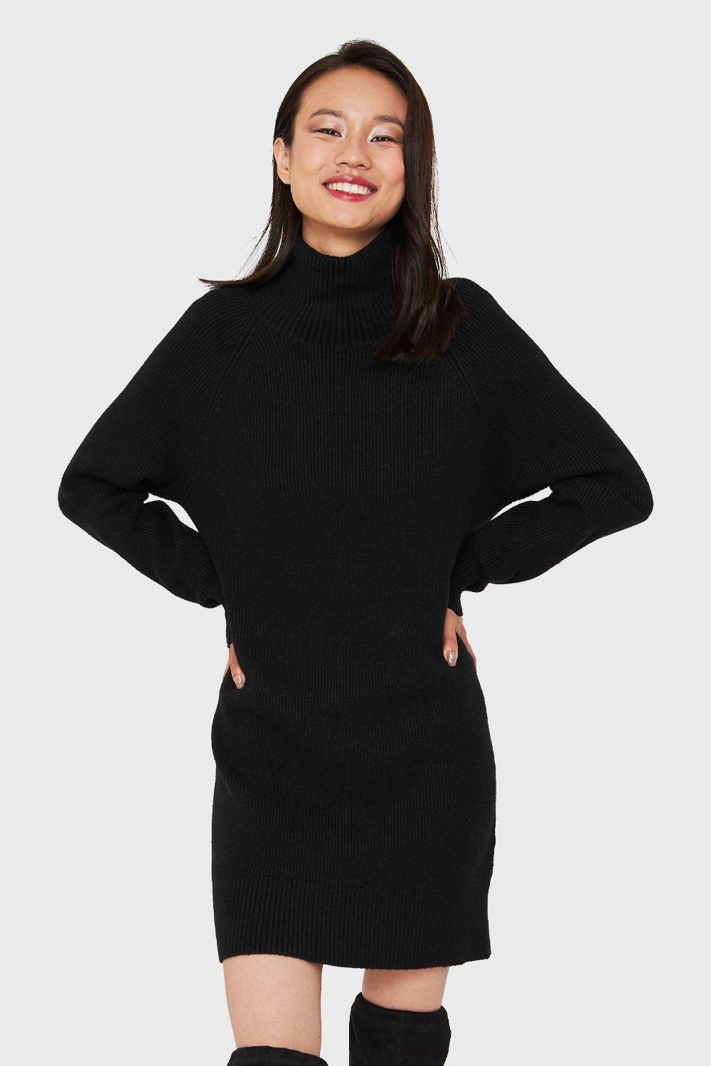Sweater Vestido Acanalado Cuello Alto Negro Nicopoly-0