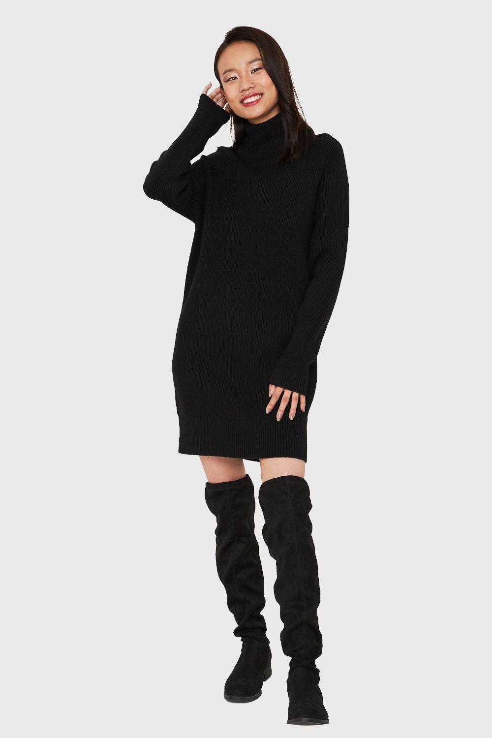 Sweater Vestido Acanalado Cuello Alto Negro Nicopoly-1
