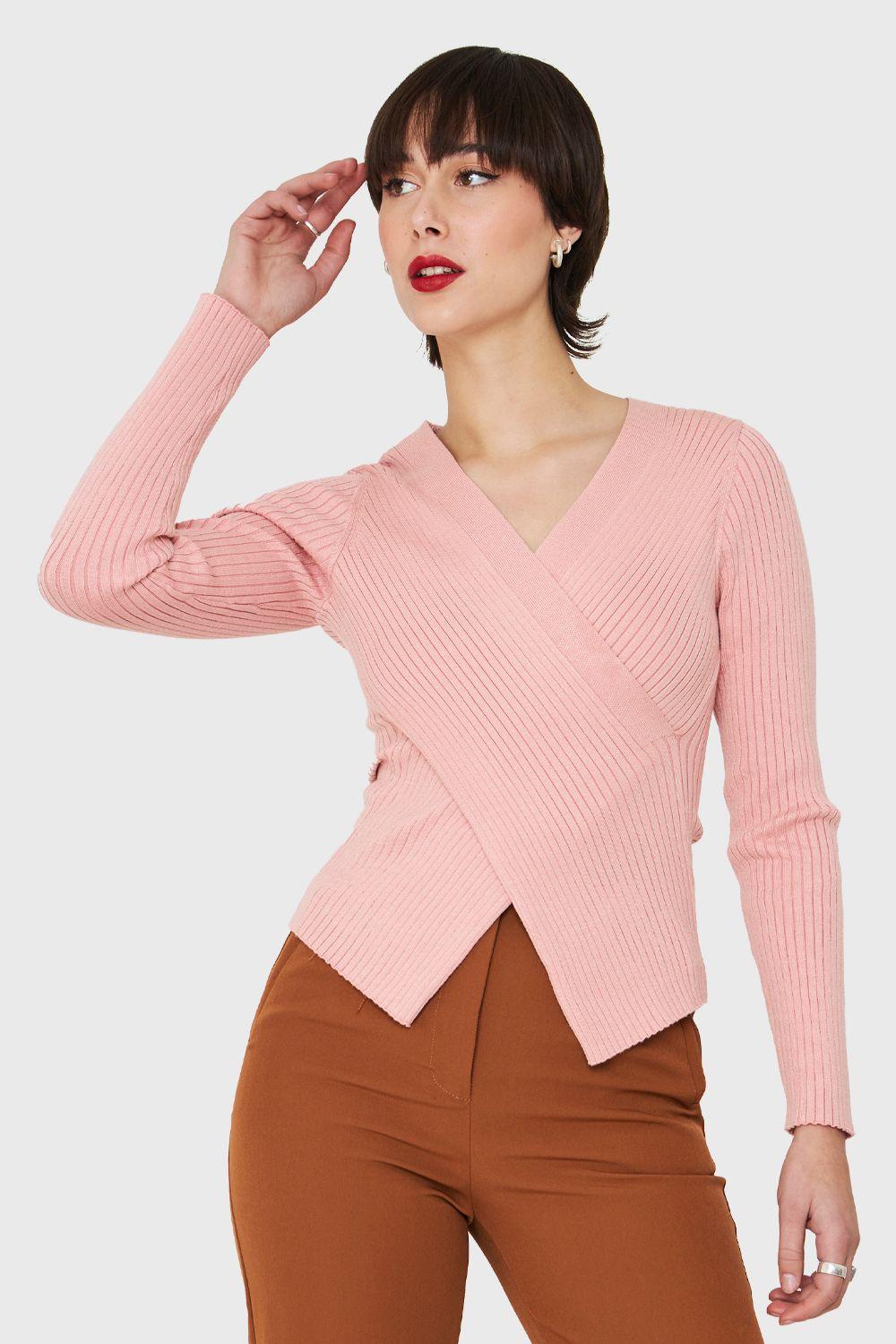 Polera Acanalada Escote Cruzado Rosado Nicopoly-0